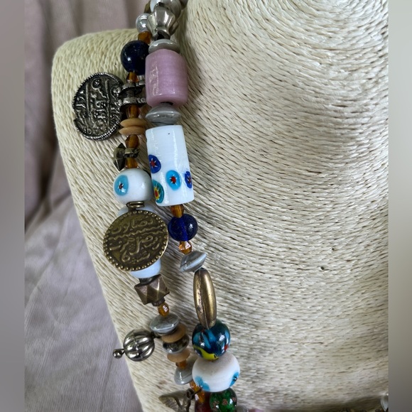 VINTAGE NECKLACE ART GLASS BEAD LAMPWORK CHA CHA CHUNKY DBL STRAND VERY UNIQUE - Picture 2 of 12